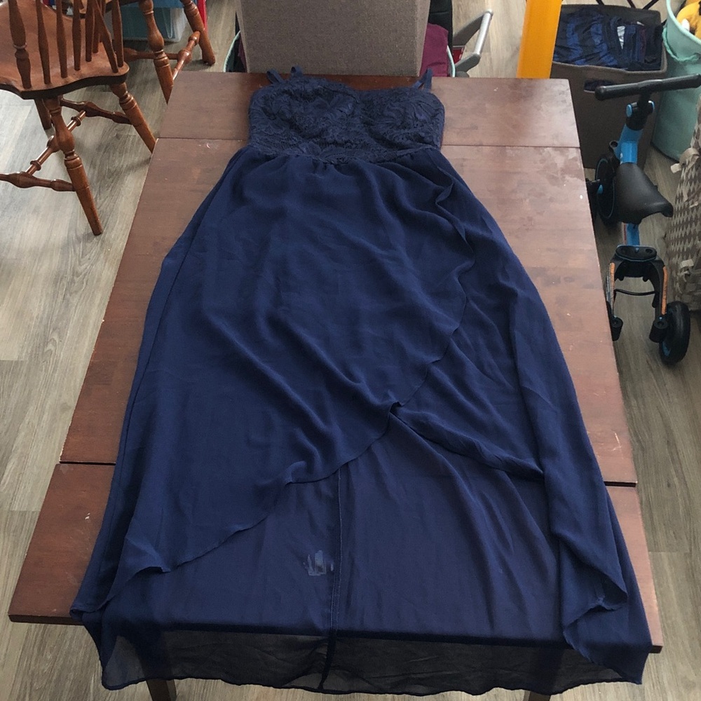 Strapless Navy Lace Bodice Chiffon Maxi High Low Dress